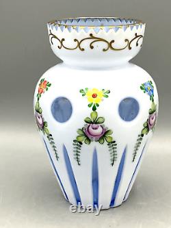 Bohemian Flash Cut Glass Vase Hand Painted Milk Glass over Pale Blue