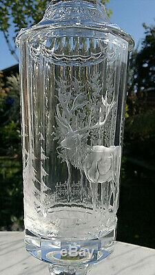 Bohemian Glass Pokal Vase Cut Etched Stag Deer Forest Lidded Crystal Vase 14.5
