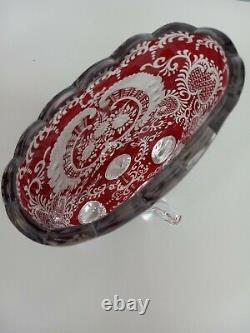 Bohemian Glass Ruby Red Cut To Clear Oval Footed Glass Vase Art Deco Oval Vase