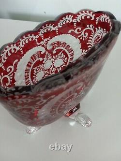 Bohemian Glass Ruby Red Cut To Clear Oval Footed Glass Vase Art Deco Oval Vase