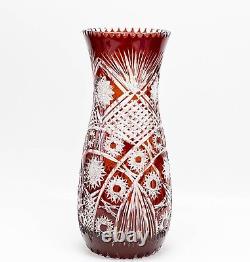 Bohemian Red Cut to Clear Art Glass 15 inch Vase Hobstars c. 1900