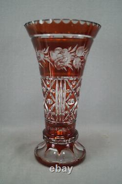 Bohemian Ruby Flashed & Cut Roses Diamonds & Ovals Glass Vase Circa 1900