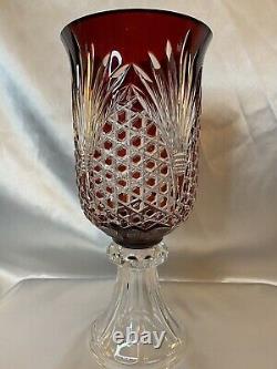 Bohemian Ruby Red Cut To Clear Crystal Pedestal Vase Torchiere Mint