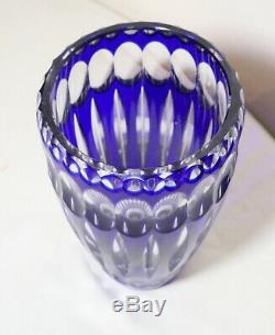 Bohemian vintage hand wheel cut to clear cobalt blue glass tall crystal vase