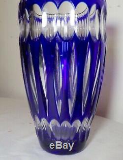 Bohemian vintage hand wheel cut to clear cobalt blue glass tall crystal vase