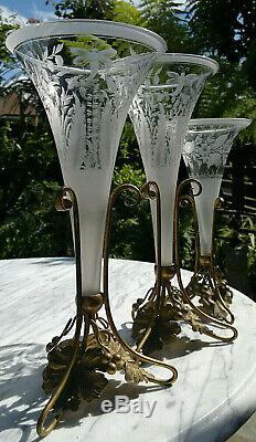 C1900 Antique French Gilt Epergne Trumpet Vases Etched Cut Glass 13/11Tall