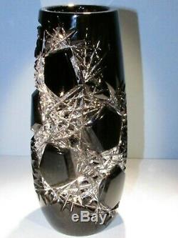 CAESAR CRYSTAL Black Vase Hand Cut to Clear Overlay Czech Bohemian Cased LG