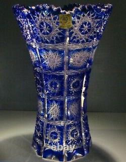 CAESAR CRYSTAL Blue Vase Blown Cut to Clear Overlay Czech Bohemia Cased Czech