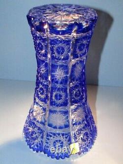 CAESAR CRYSTAL Blue Vase Blown Cut to Clear Overlay Czech Bohemia Cased Czech