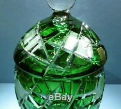 CAESAR CRYSTAL Jar w Lid Bowl Emerald Green Cut to Clear Overlay Czech Bohemian