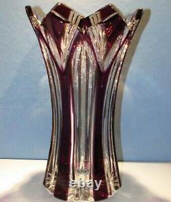 CAESAR CRYSTAL Purple Vase Hand Cut to Clear Overlay Czech Bohemian Cased