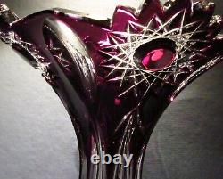 CAESAR CRYSTAL Purple Vase Hand Cut to Clear Overlay Czech Bohemian Cased