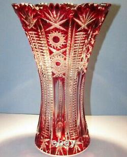 CAESAR CRYSTAL Red Vase Blown Cut to Clear Overlay Czech Bohemia Cased 10 in