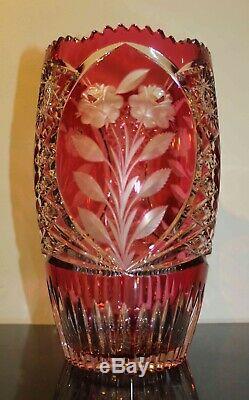 CRANBERRY Cut-To-Clear BOHEMIAN / CZECH LARGE CRYSTAL VASE SPECTACULAR