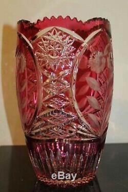 CRANBERRY Cut-To-Clear BOHEMIAN / CZECH LARGE CRYSTAL VASE SPECTACULAR