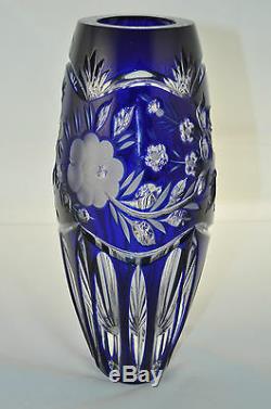 CRYSTAL Diamond Cut Cobalt Blue Vase Cased Hungary New