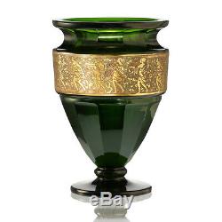 C. 1920 Moser emerald facet cut crystal vase with oroplastic frieze