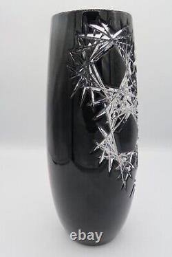 Caesar Crystal Bohemiae Czech Crystal Vase Black Frost Cut To Clear 9.5