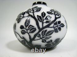Cameo Art Glass Vase Black Cut To White Tree Branches & Leaves Not Signed