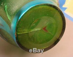 Carder/steuben Blue Aurene Acid Cut Back Green Poppy Vase (damage)