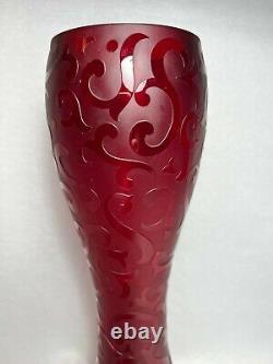 Cased Ruby Red Frosted Cut Art Glass Vase