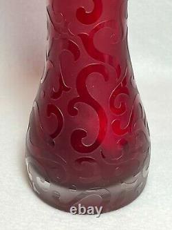 Cased Ruby Red Frosted Cut Art Glass Vase