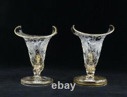 Charming Pair Antique mid/late 1800s Cut Glass Gilt Floral Vases Rose Design