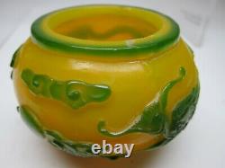 Chinese Dragon Green Yellow Carved Peking Overlay Glass Bowl Vase Jar Cameo Cut