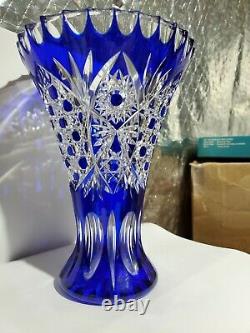 Cobalt Blue Bohemian Czech Hand Cut to Clear Glass Flower Vase 8 Fabulous