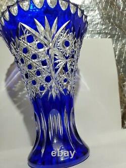 Cobalt Blue Bohemian Czech Hand Cut to Clear Glass Flower Vase 8 Fabulous