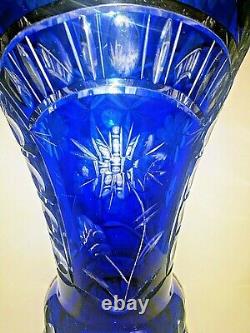 Cobalt Blue Crystal Vase Cut To Clear Bohemian Czech Vintage Decor 12