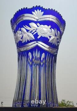 Cobalt Blue Cut To Clear Bohemian Crystal Vase 11.25 x 8 Heavy and nice