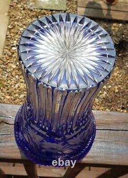 Cobalt Blue Cut To Clear Bohemian Crystal Vase 11.25 x 8 Heavy and nice