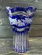 Cobalt Blue Cut To Clear Bohemian Lead Crystal Vase 11 1/2 X 8 Heavy Etched
