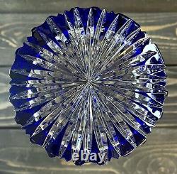 Cobalt Blue Cut To Clear Bohemian Lead Crystal Vase 11 1/2 x 8 Heavy Etched
