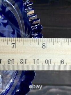 Cobalt Blue Cut To Clear Bohemian Lead Crystal Vase 11 1/2 x 8 Heavy Etched