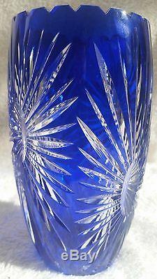 Cobalt Blue Cut To Clear CRYSTAL Vase GENUINE HAND CUT