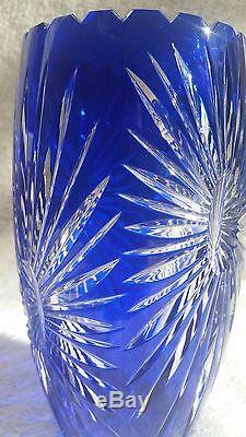 Cobalt Blue Cut To Clear CRYSTAL Vase GENUINE HAND CUT