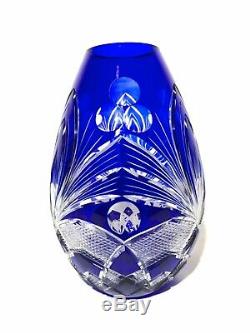 Cobalt Blue Cut to Clear Bohemian Crystal Art Glass Urn Vase Vintage 10 Czech