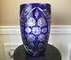 Cobalt Blue Cut To Clear Large 12 Crystal Centerpiece Vase With Frosted Flowers