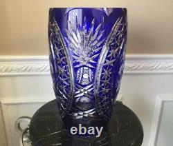 Cobalt Blue Cut to Clear Large 12 Crystal Centerpiece Vase With Frosted flowers