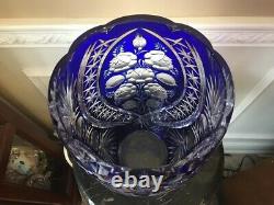 Cobalt Blue Cut to Clear Large 12 Crystal Centerpiece Vase With Frosted flowers