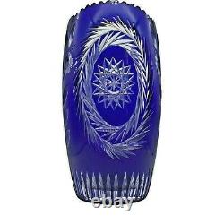 Cobalt Cut To Clear Lead Large Crystal Vase Swirl Floral Pattern Sawtooth Rim