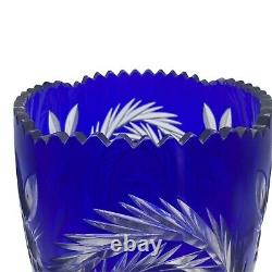 Cobalt Cut To Clear Lead Large Crystal Vase Swirl Floral Pattern Sawtooth Rim