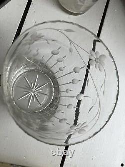 Corning Studio Cut Glass Vase Signed Scheid With Deep Cut Reeds & Flowers Design
