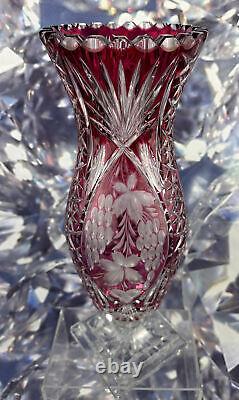 Cranberry Red Cut to Clear Large Heavy Crystal Vase 15