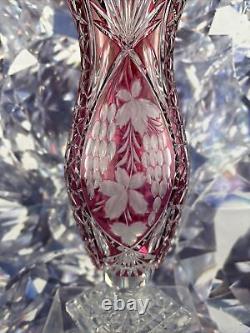 Cranberry Red Cut to Clear Large Heavy Crystal Vase 15