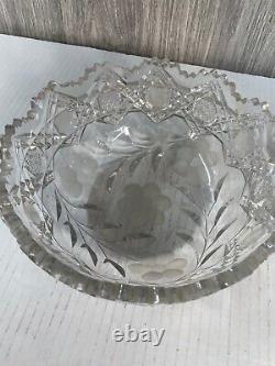 Crystal Glass Flower Vase & Bowl Cut Glass & Etch Daisy Pattern Vintage lead