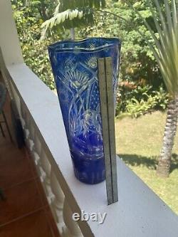 Cut Glass Vase Erotic Theme Blue to Clear