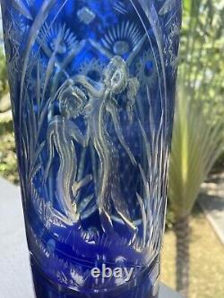 Cut Glass Vase Erotic Theme Blue to Clear